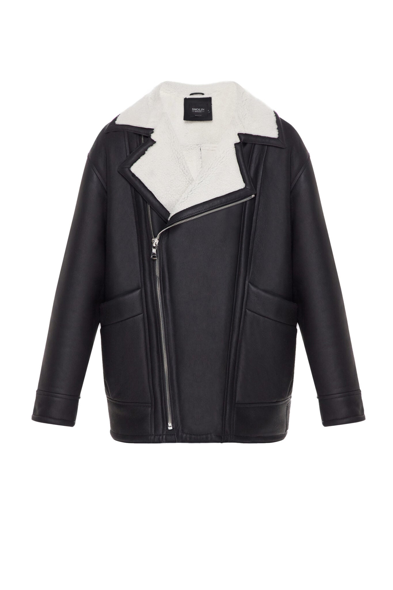 Black short sheepskin coat with white fur, Black (TheMakers), 2206