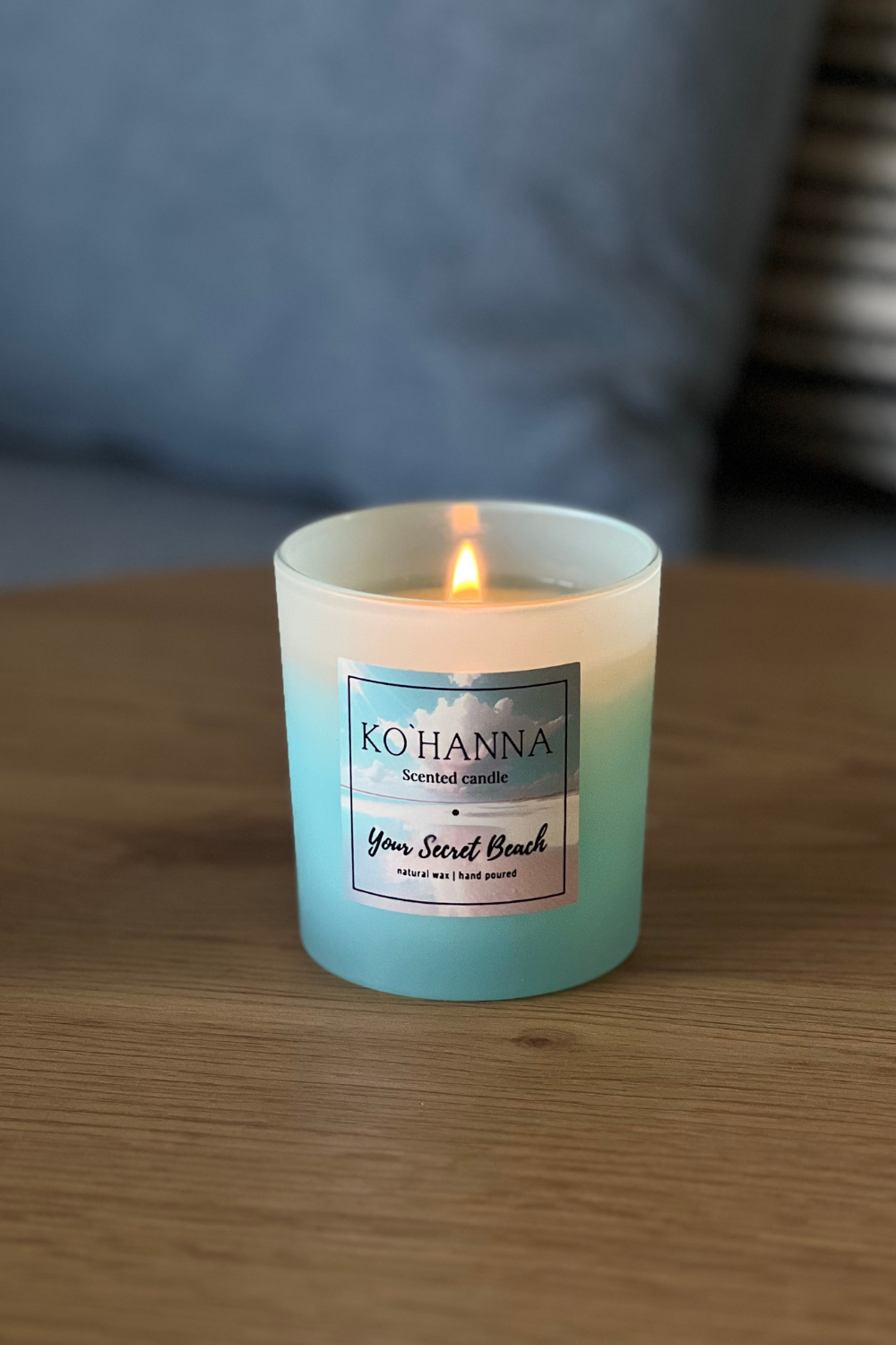 Handmade scented candle, blue frosted glass, Your mysterious beach 250 ml (KO&