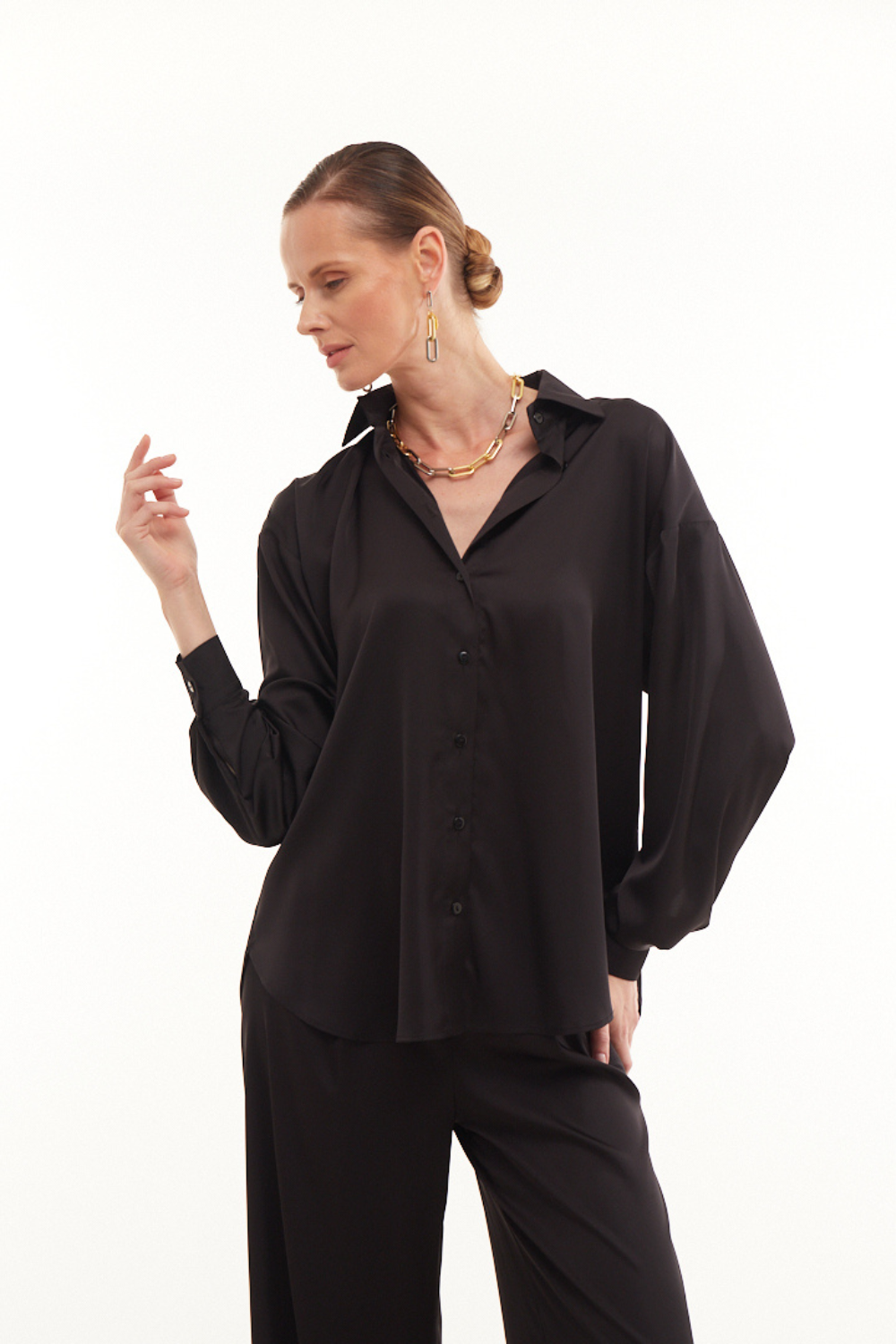1277 Black Off Shoulder Silk Shirt (Mint)