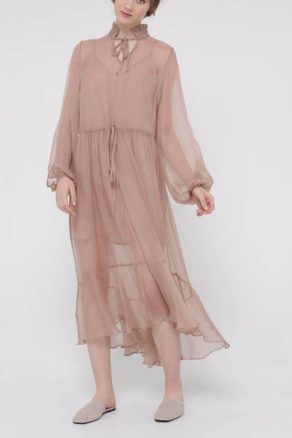 Šifonové šaty midi s volánem dole, béžová, (MissSecret), DR-018-beige