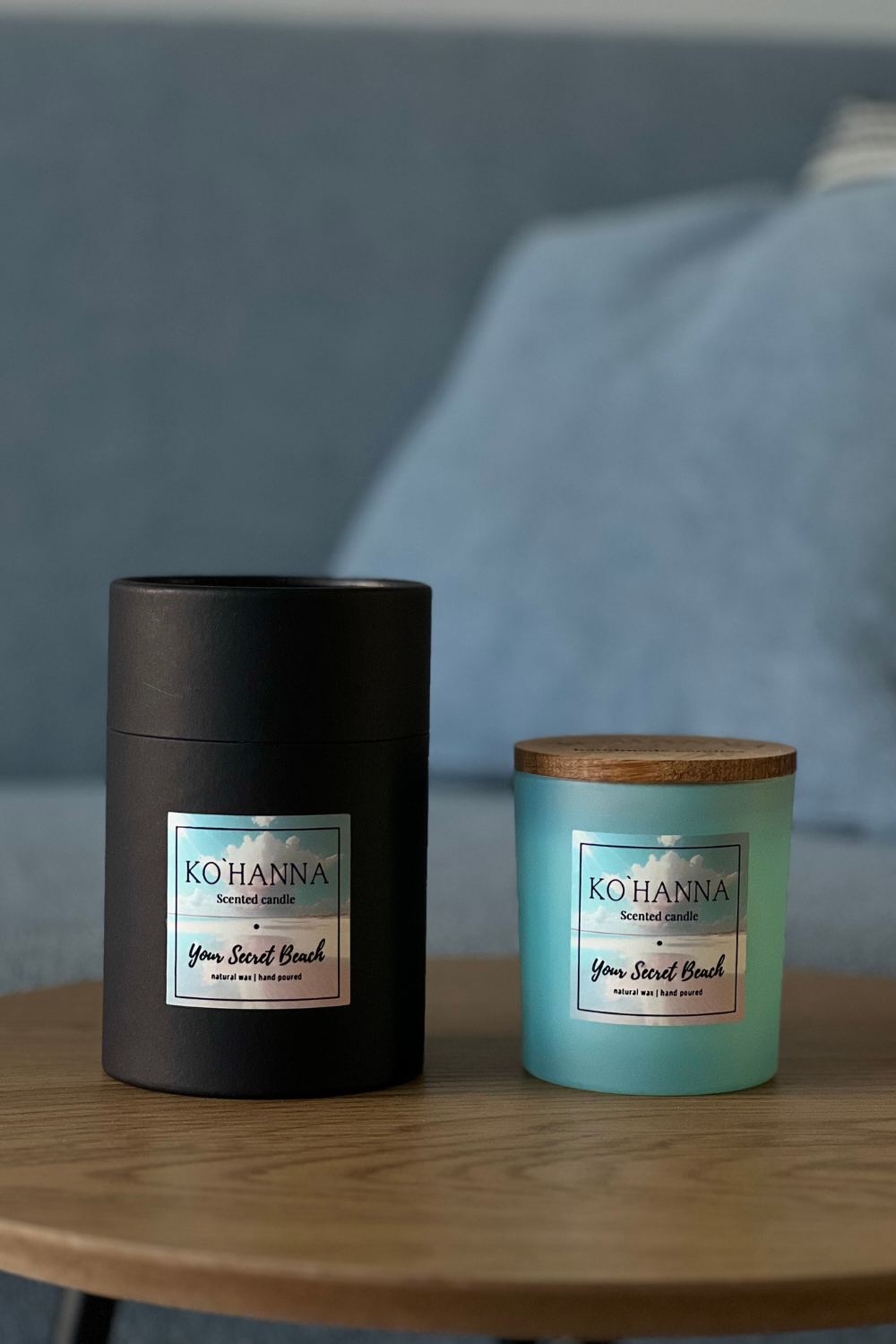 Handmade scented candle, blue frosted glass, Your mysterious beach 250 ml (KO&