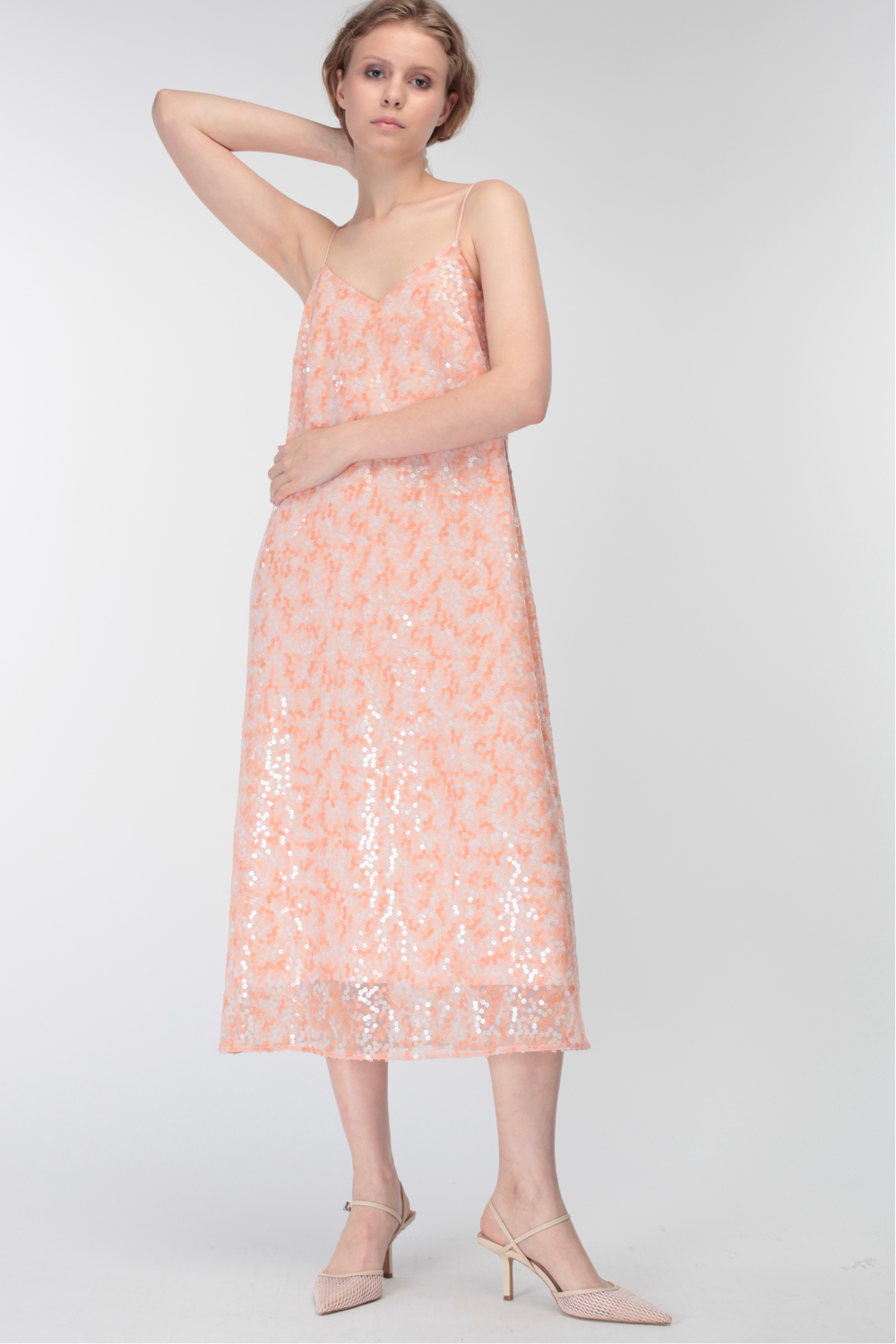 Šaty s tenkými ramínky s flitry, broskvový (MissSecret) DR-031-pink