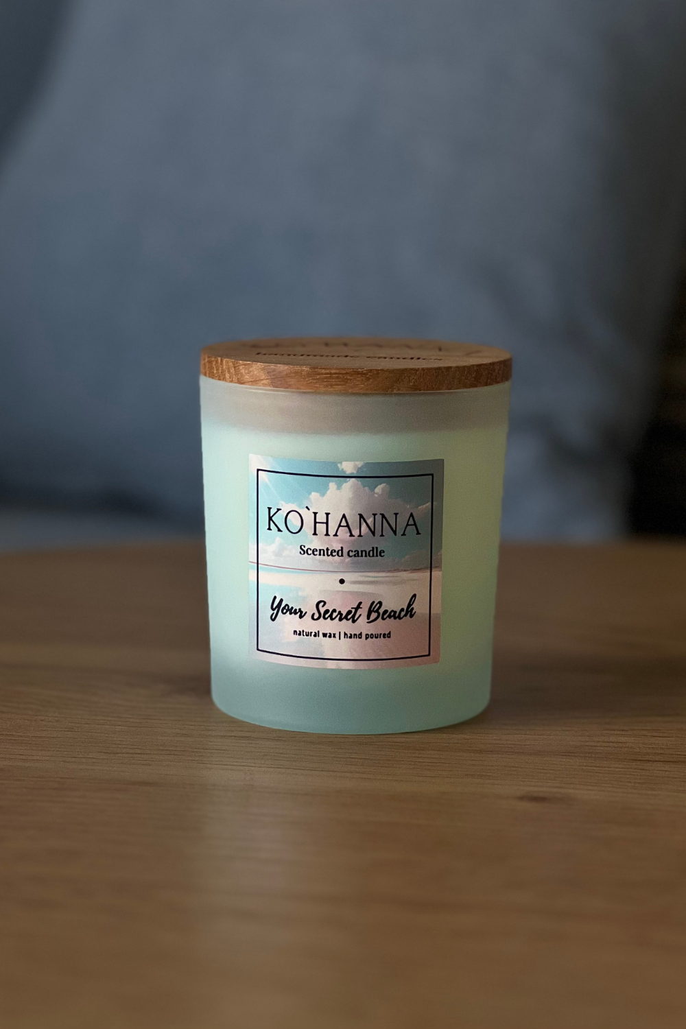 Handmade scented candle, blue frosted glass, Your mysterious beach 250 ml (KO&
