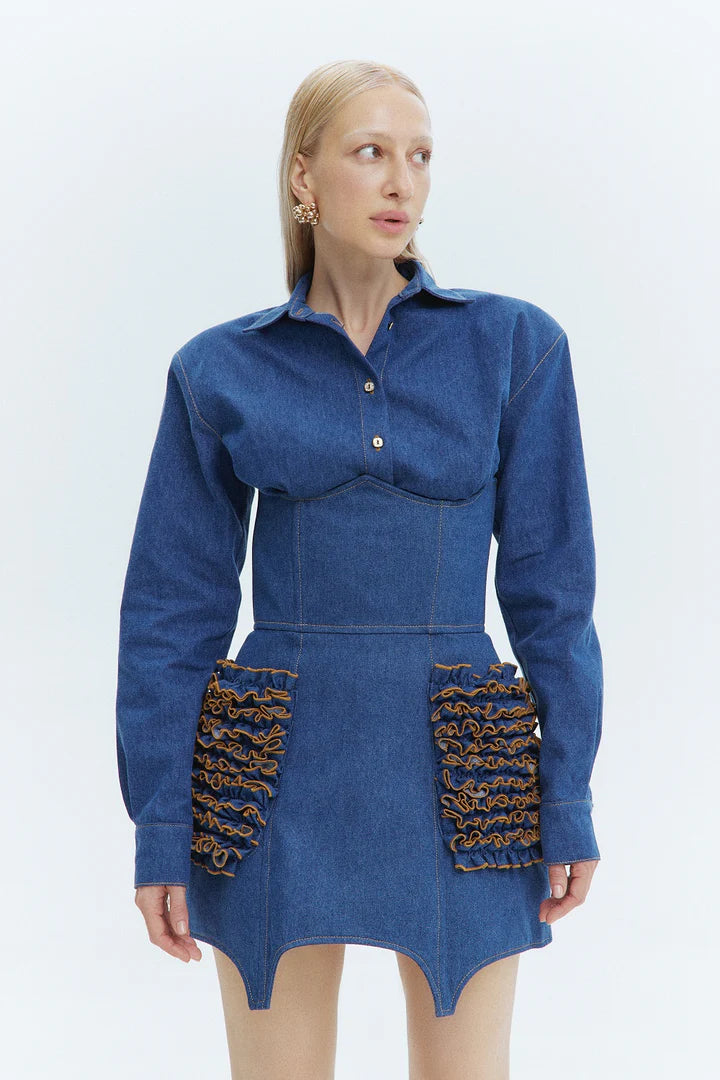 Korzet denim s volánky, modrá, (Guranda) GRD00333008