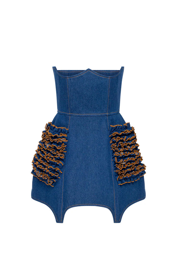 Korzet denim s volánky, modrá, (Guranda) GRD00333008