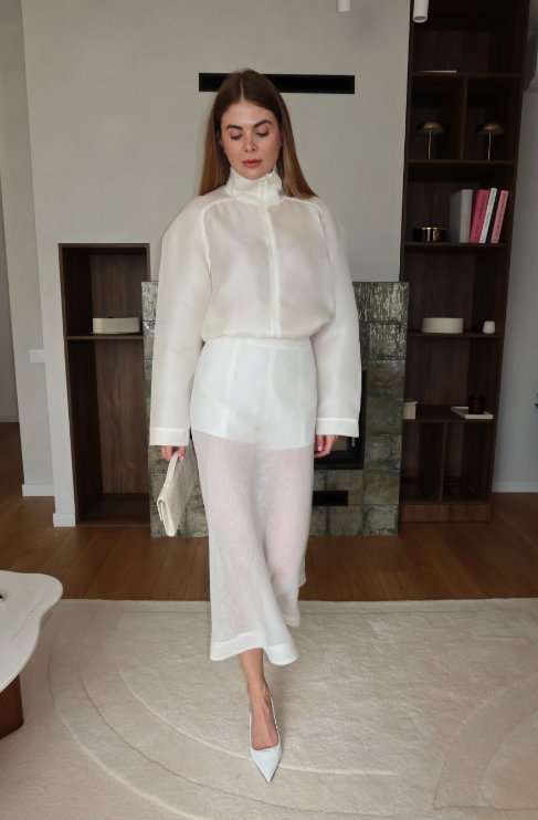 Bílá hedvábná anorak se zipem (Kristina Laptso) , SIL26030XSSMMLWH
