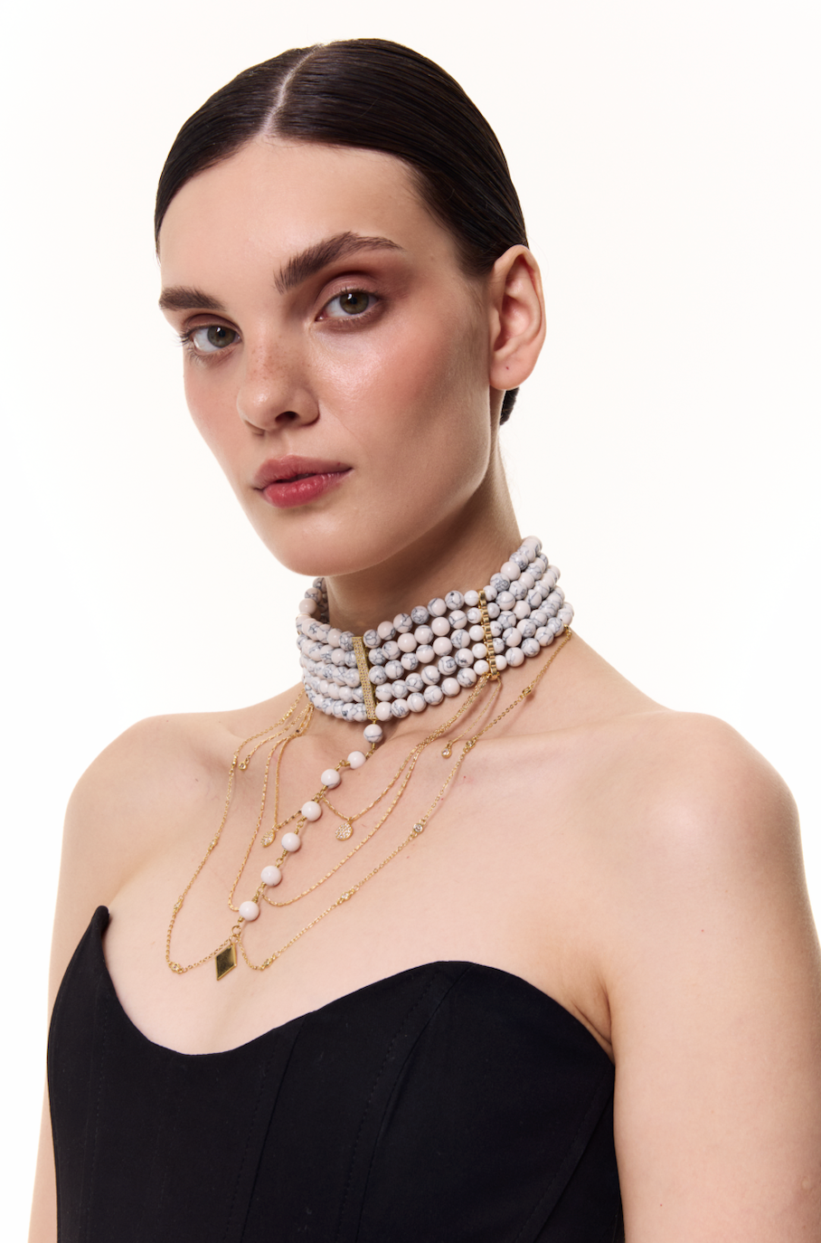 Necklace "INNOCENT CLASSIC" Marble with gold, (Grains de Verre) CHCXC2