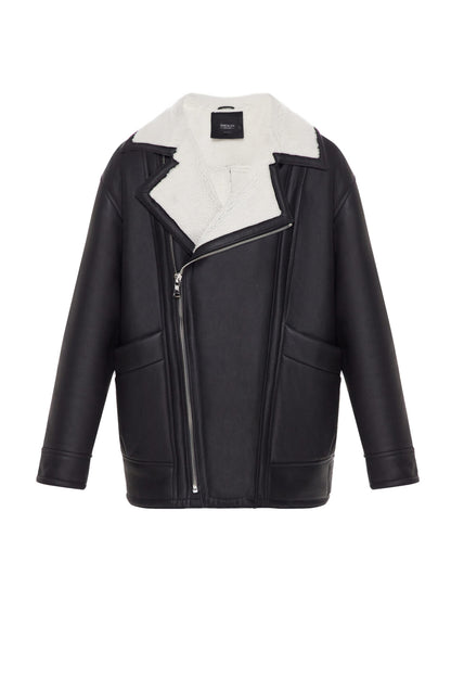 Black short sheepskin coat with white fur, Black (TheMakers), 2206