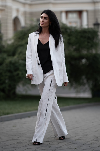 Pants white linen with black boucle, (Strelnikova), F183-797