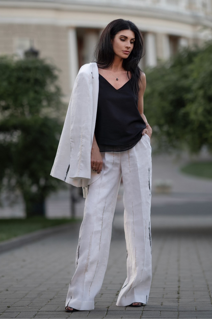 Pants white linen with black boucle, (Strelnikova), F183-797