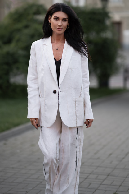 Pants white linen with black boucle, (Strelnikova), F183-797