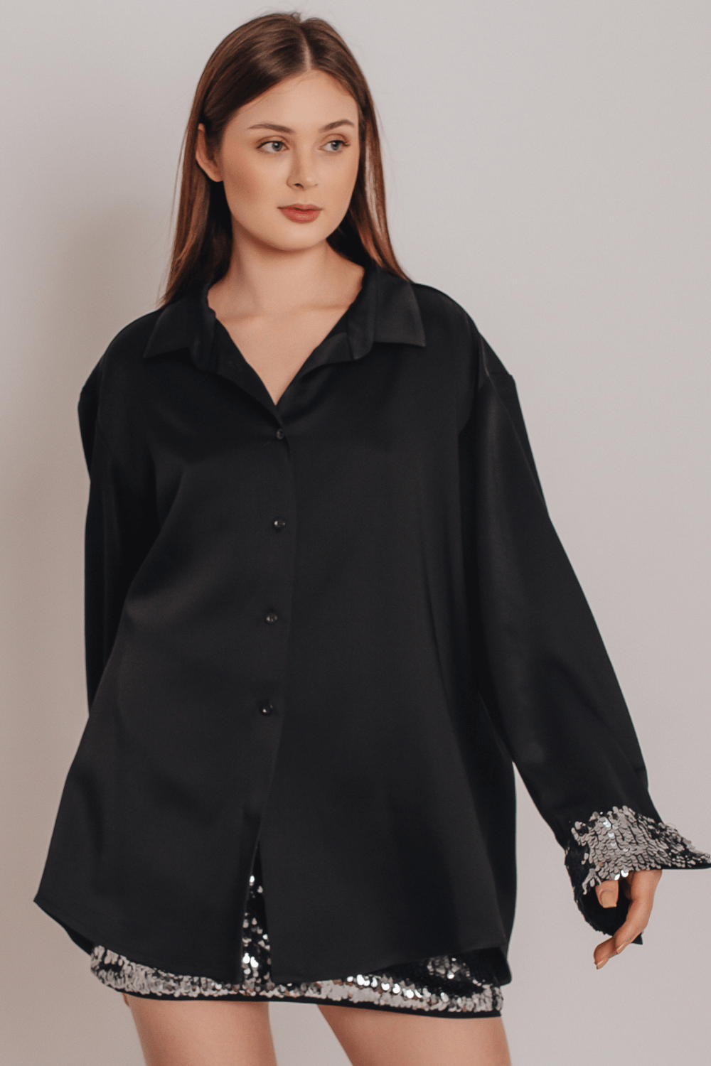 Чорна шовкова сорочка з паєтками на манжетах, (MashaBakaeva), B-21
