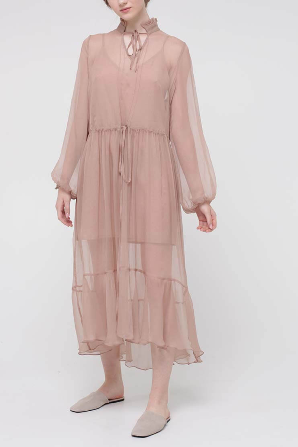 Chiffon midi dress with ruffle at the bottom, beige, (MissSecret), DR-018-beige