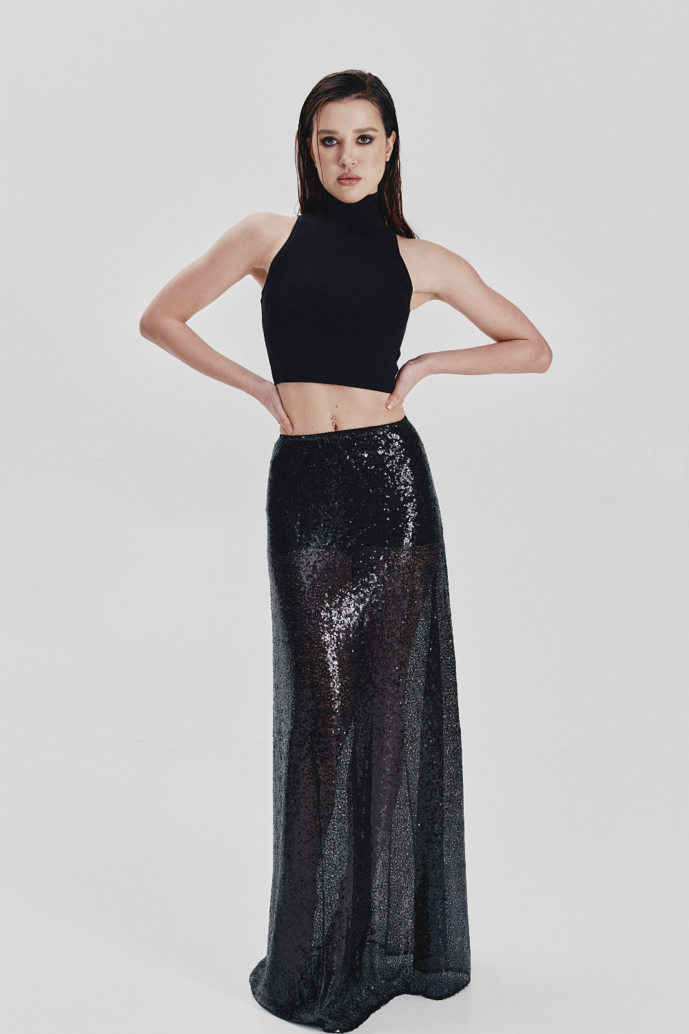 Skirt, maxi with sequins, black, (Sabotage), SBTG_0010