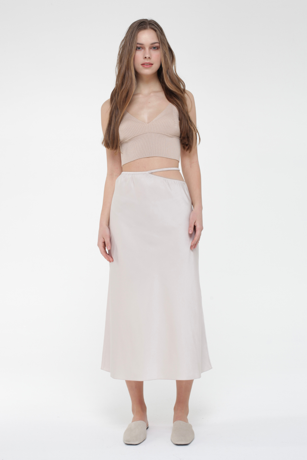 Sukně hedvábná na gumovém pásku s výstřihem v páse (Miss Secret) SK-012-pearl