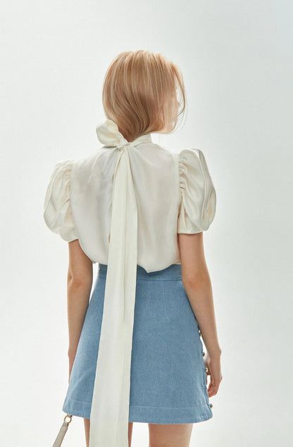 Blouse with bow, milky, (Guranda) GRD0022078