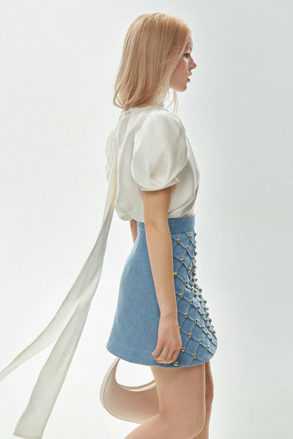 Blouse with bow, milky, (Guranda) GRD0022078