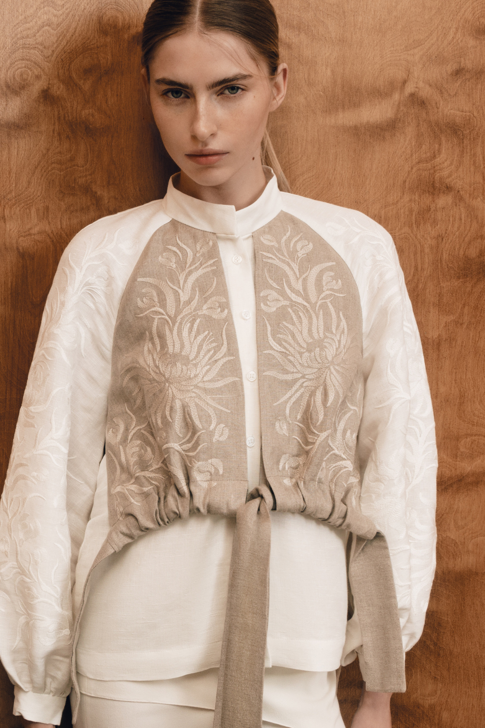 Блуза з воланом, Хризантеми, 100% льон, S/M, (Гаптування), G_0034