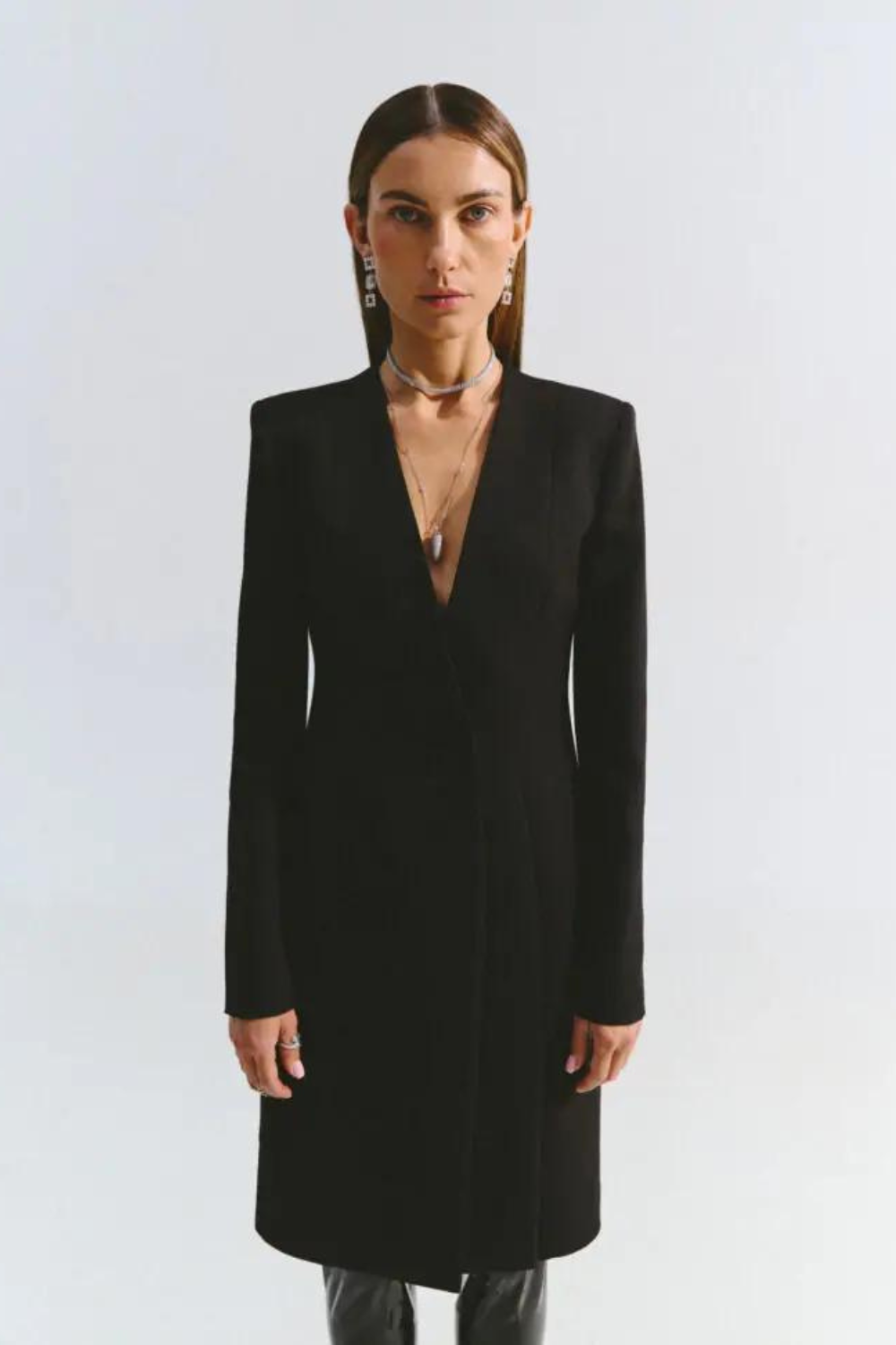 Black demi-season coat without collar (VIVONS) V0009
