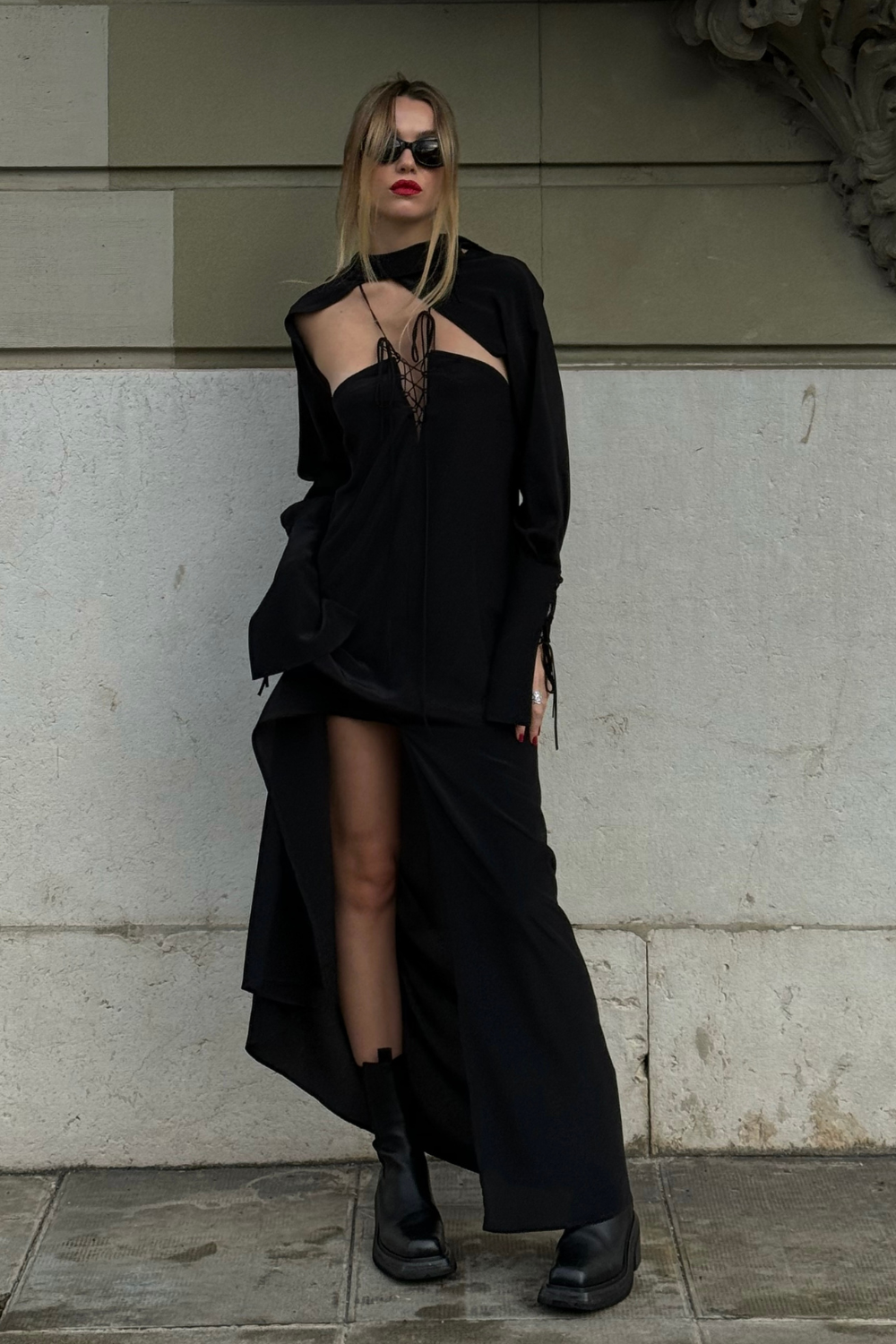 Black Silk Lace Up Dress with Black Silk Bolero (THE LAW OF LOVE) TLL -7454