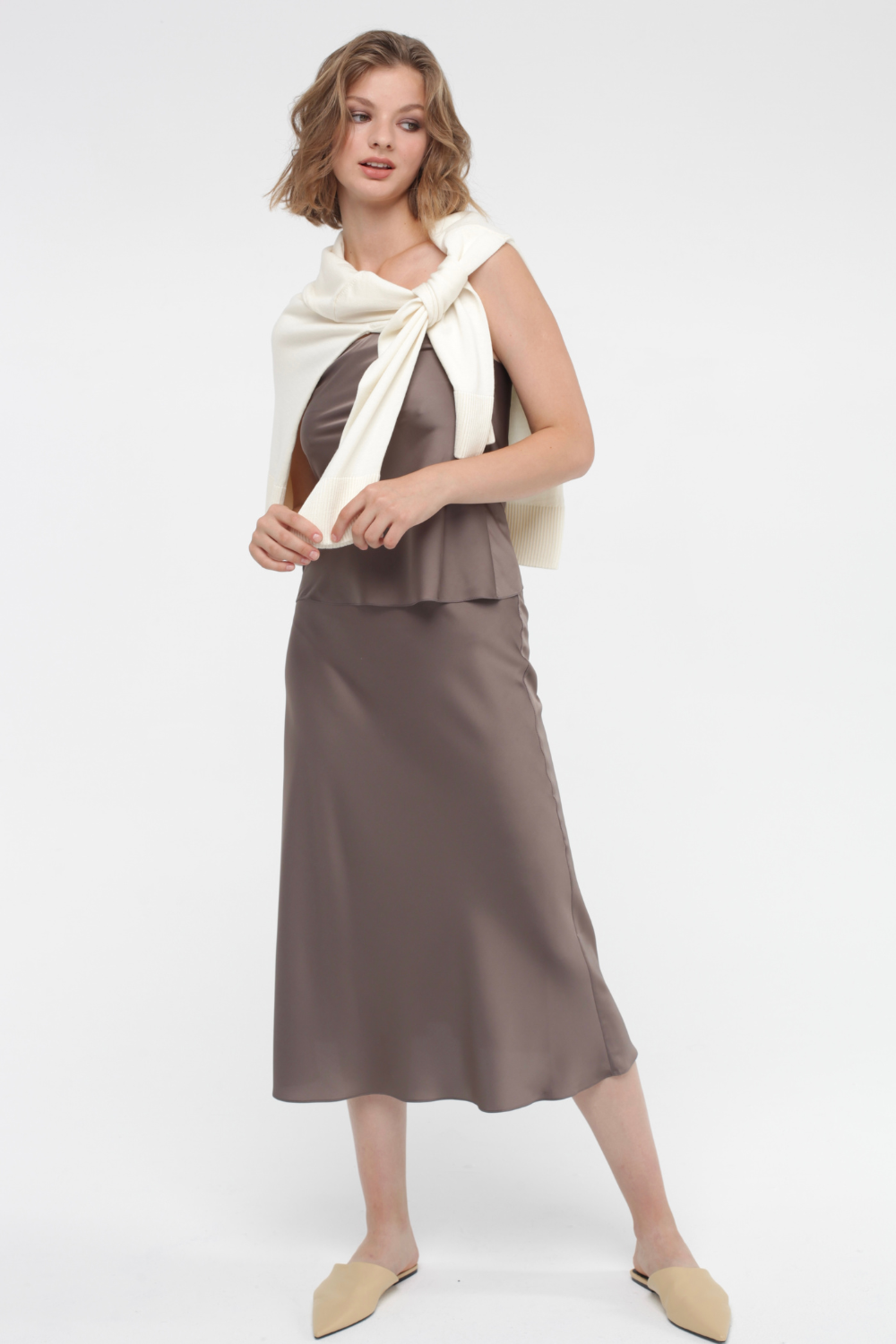 Silk skirt with elastic, gray-coffee (MissSecret) SK-010-grey