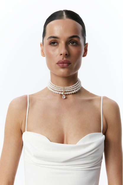 &quot;ANNA&quot; NATURAL PEARLS CHOKER WITH DROP CRYSTAL GOLD, (GrainsDeVerre), CH4PD2