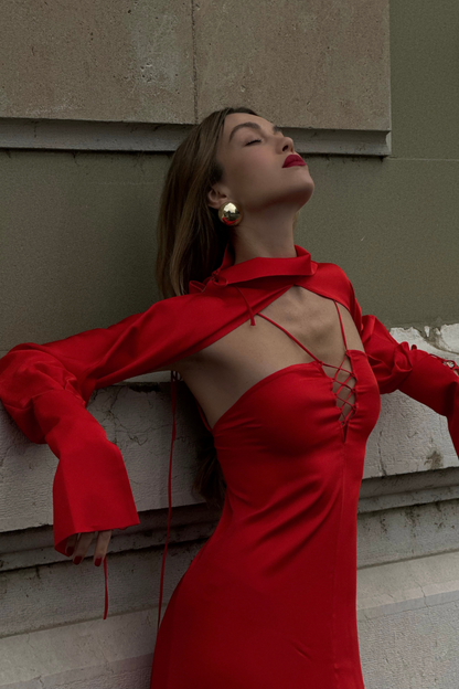 Red Silk Lace Up Dress with Red Silk Bolero (THE LAW OF LOVE) TLL -7453