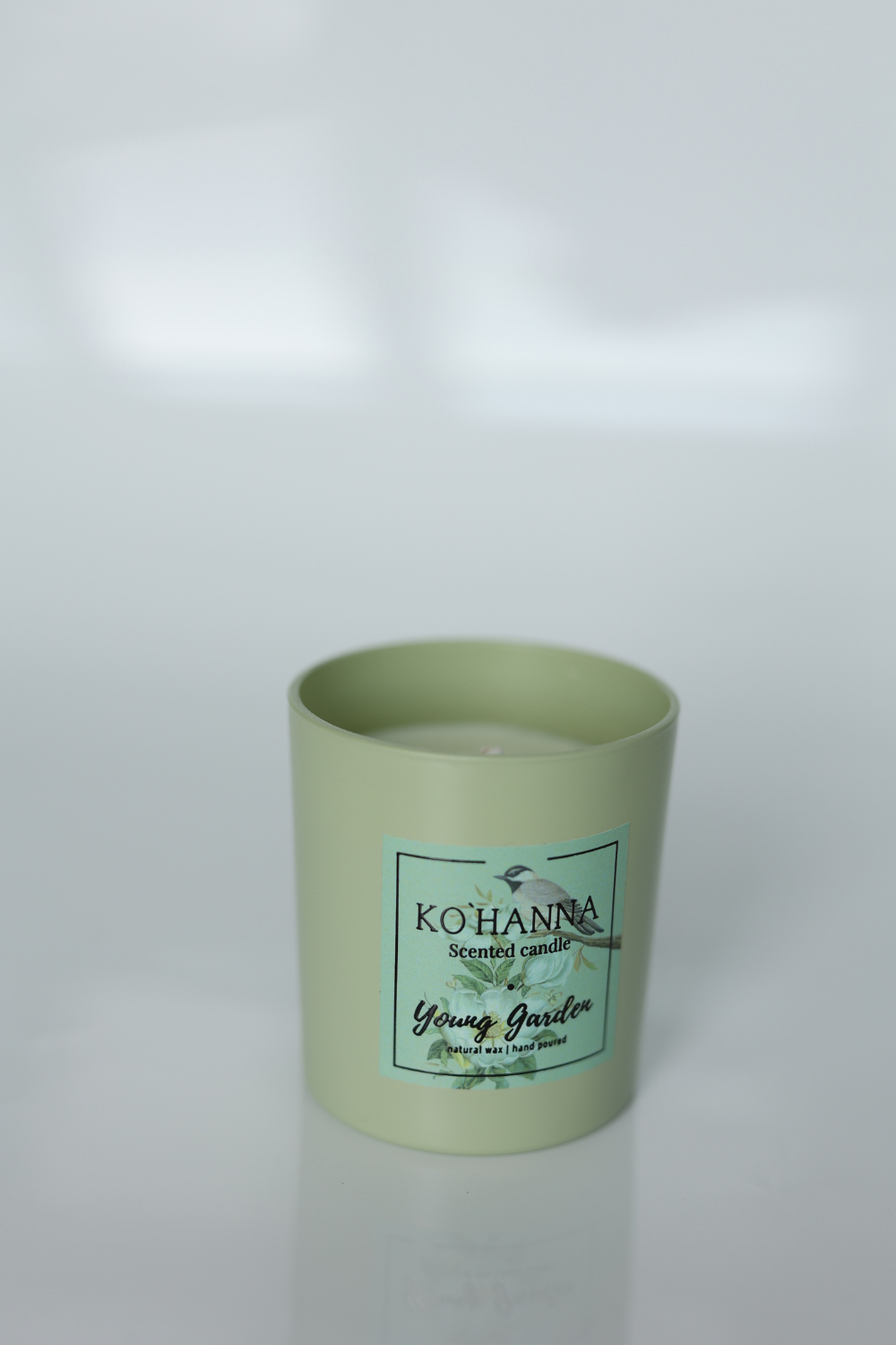 Green frosted glass, handmade scented candle, &quot;Young Garden&quot;, 250 ml. (KO&
