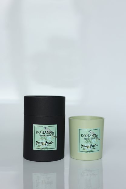 Green frosted glass, handmade scented candle, &quot;Young Garden&quot;, 250 ml. (KO&