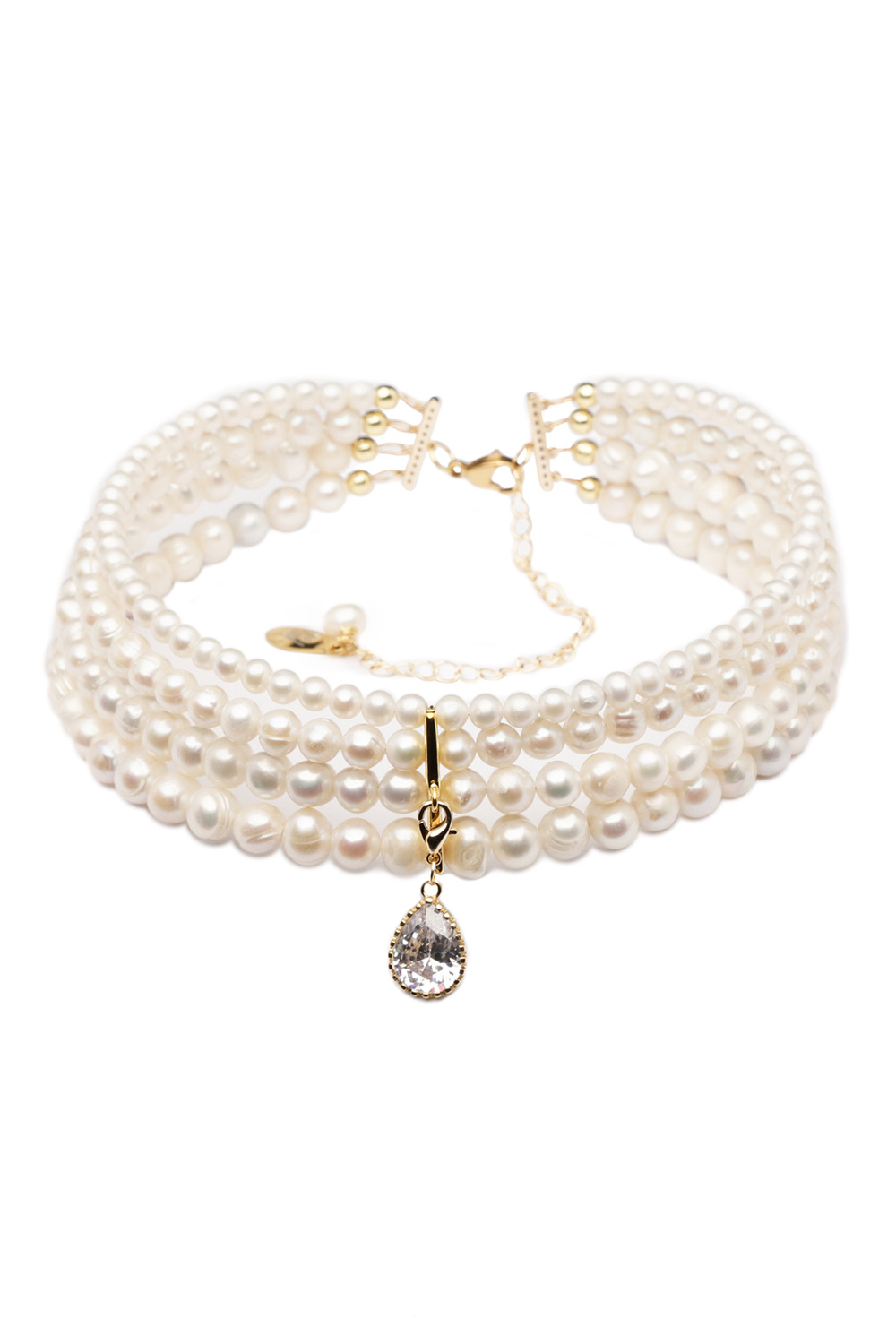 &quot;ANNA&quot; NATURAL PEARLS CHOKER WITH DROP CRYSTAL GOLD, (GrainsDeVerre), CH4PD2