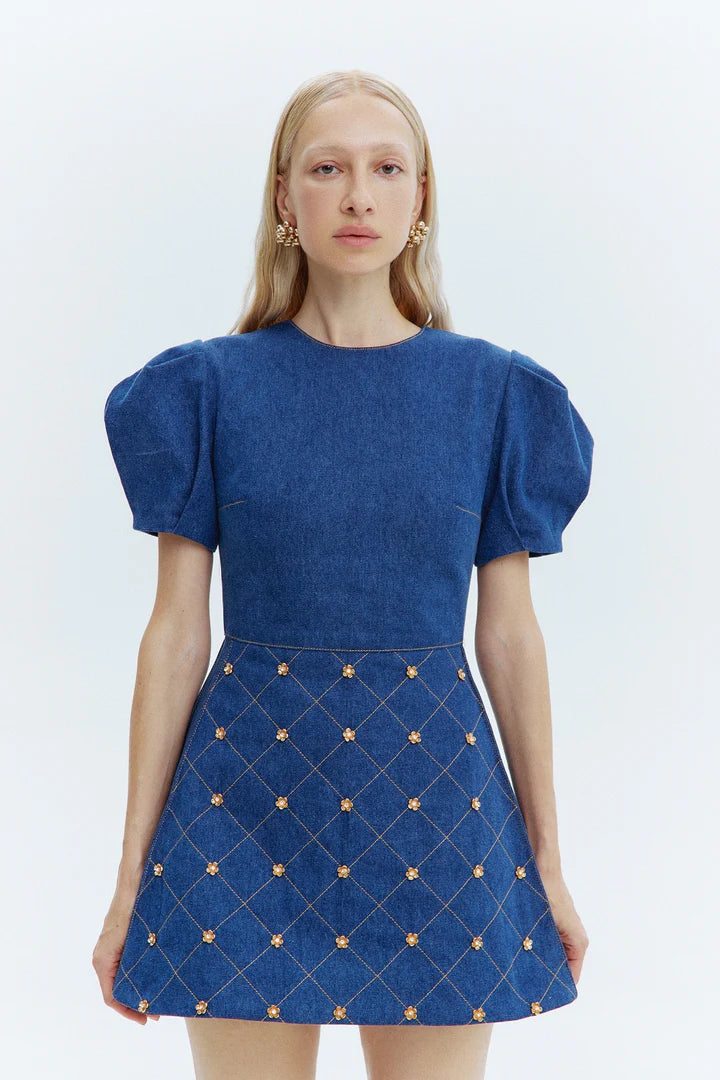 Denim dress with flowers, blue, (Guranda) GRD00333001