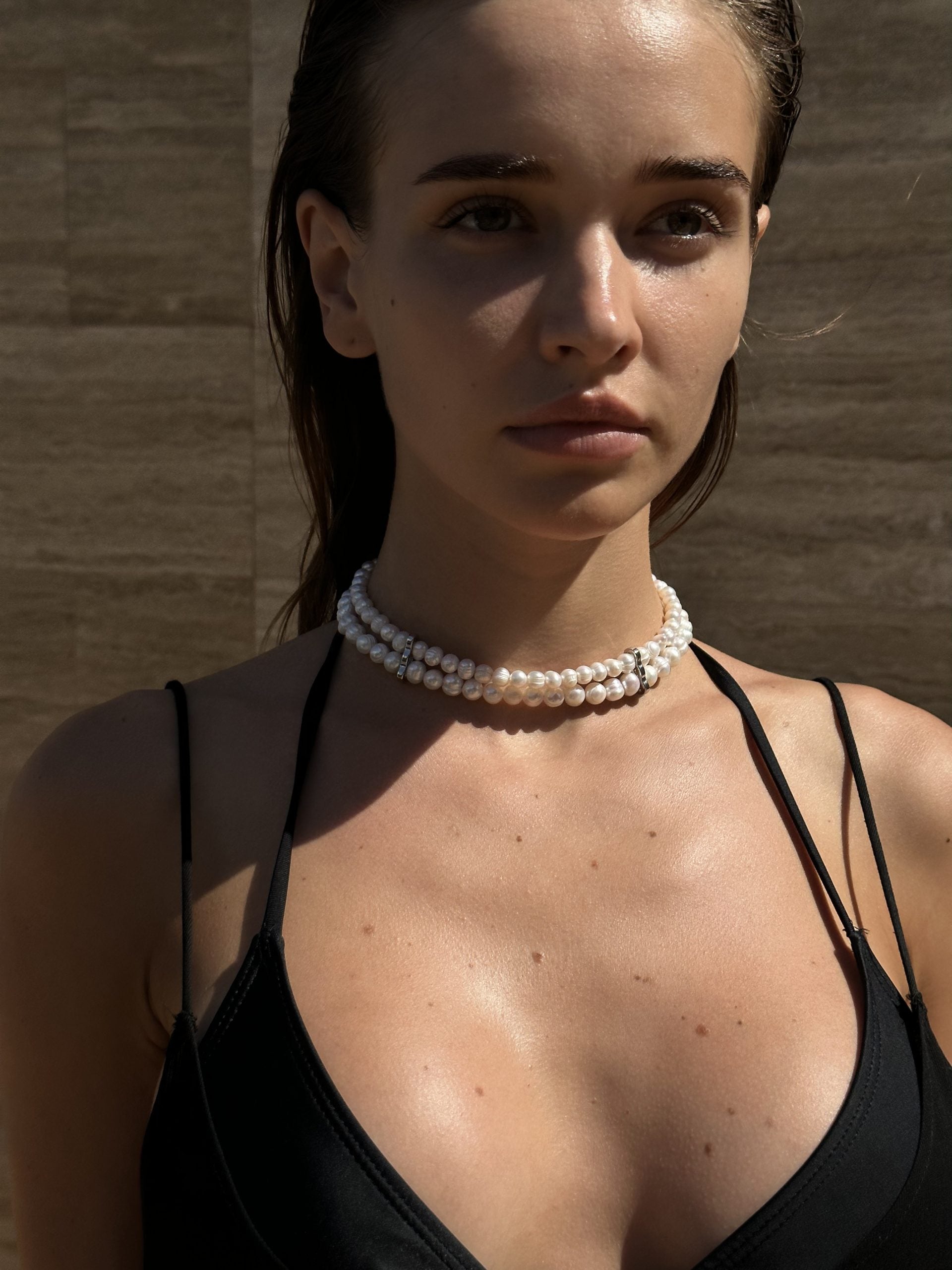 &quot;2 ROWS&quot; Natural Pearl Choker Silver (GrainsDeVerre) CH2P1