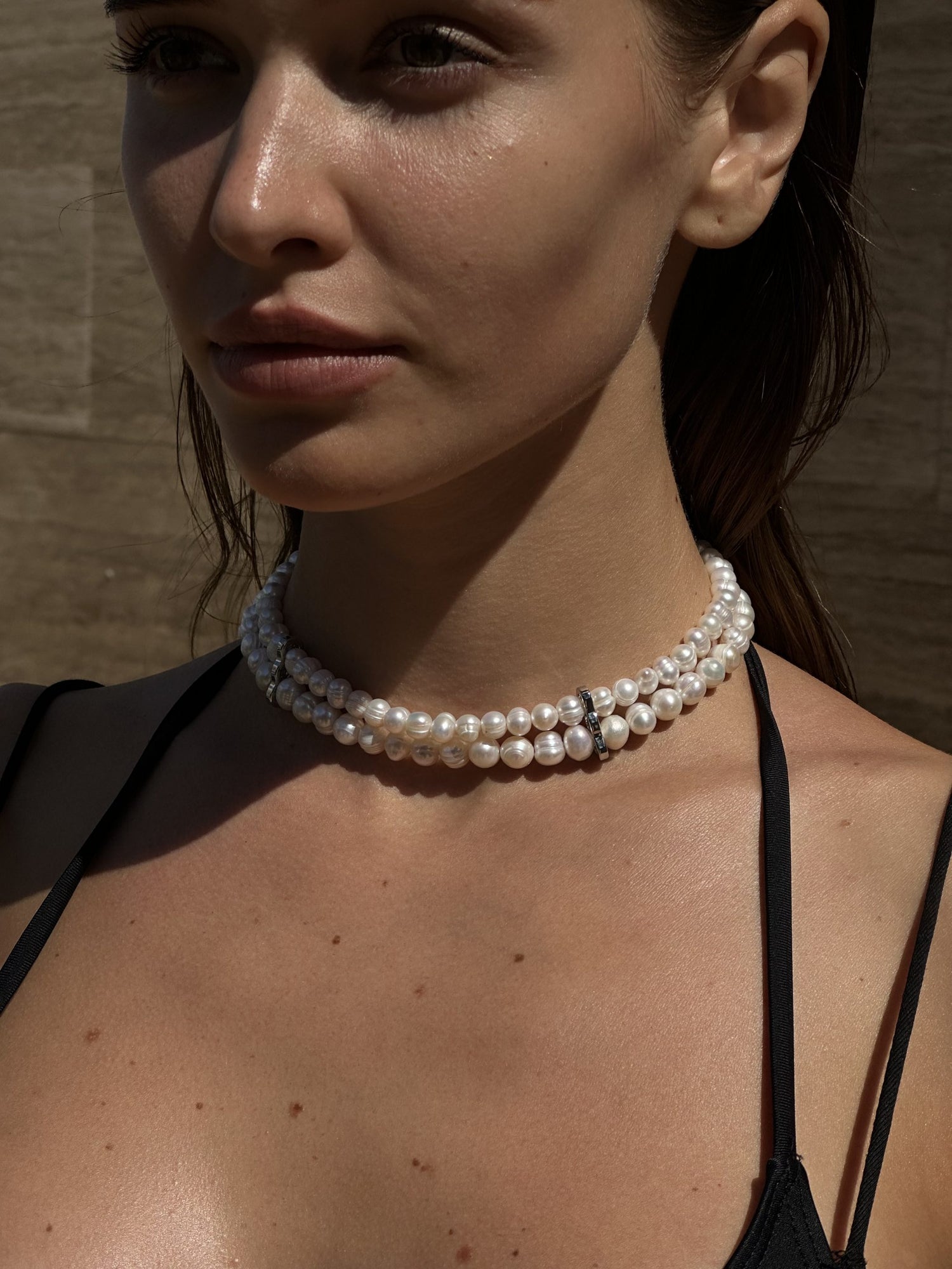 &quot;2 ROWS&quot; Natural Pearl Choker Silver (GrainsDeVerre) CH2P1