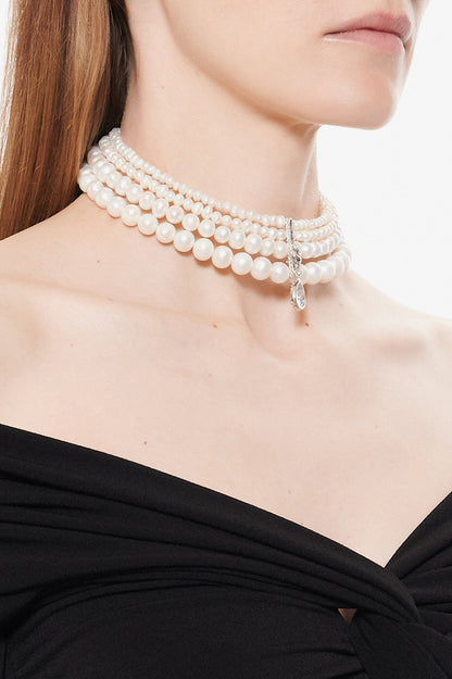 Choker „ANNA“ z přírodních perel s krystalem stříbrný, (GrainsDeVerre), CH4PD1