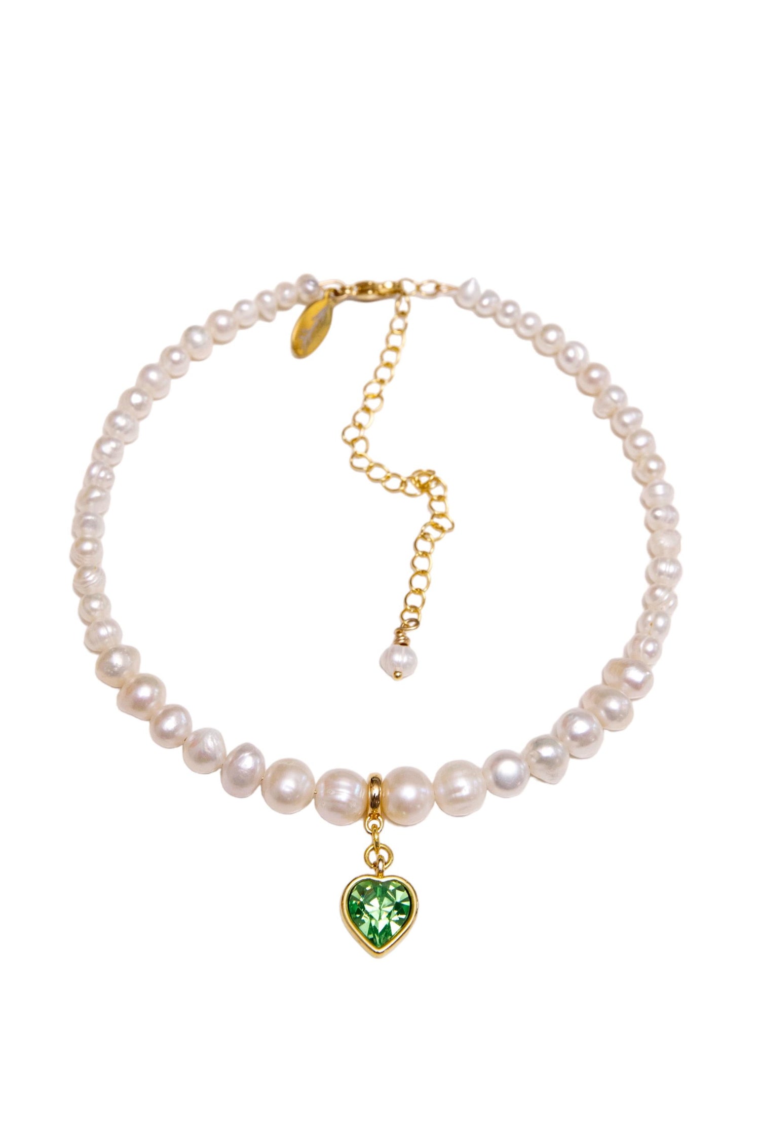 Pearl and Green Heart Choker Silver, (GrainsDeVerre), CHH5.1