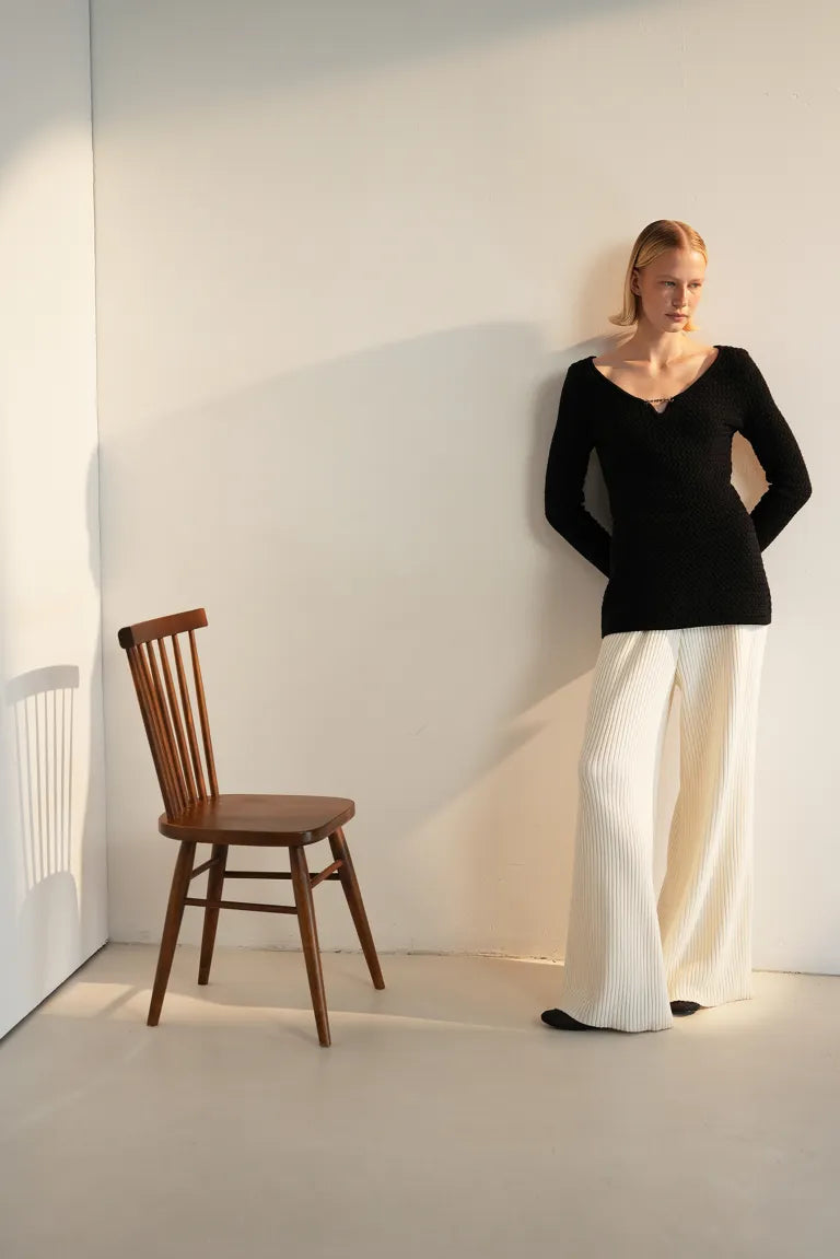 Штани з ребристого трикотажу, кремові (T.MOSCA) BOL25-01