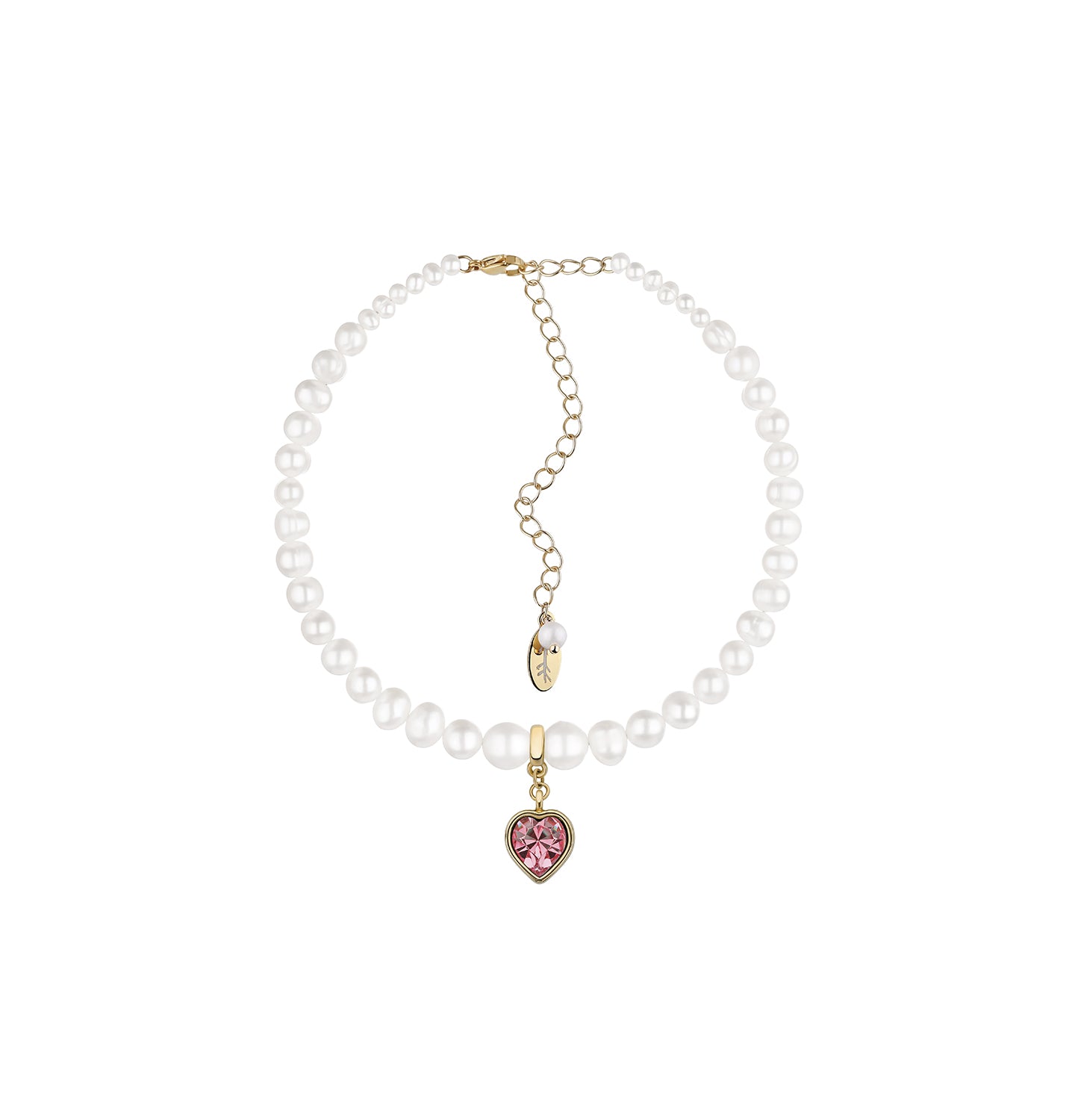 Pearl choker with pink heart, gold color (Grains de Verre), CHH7