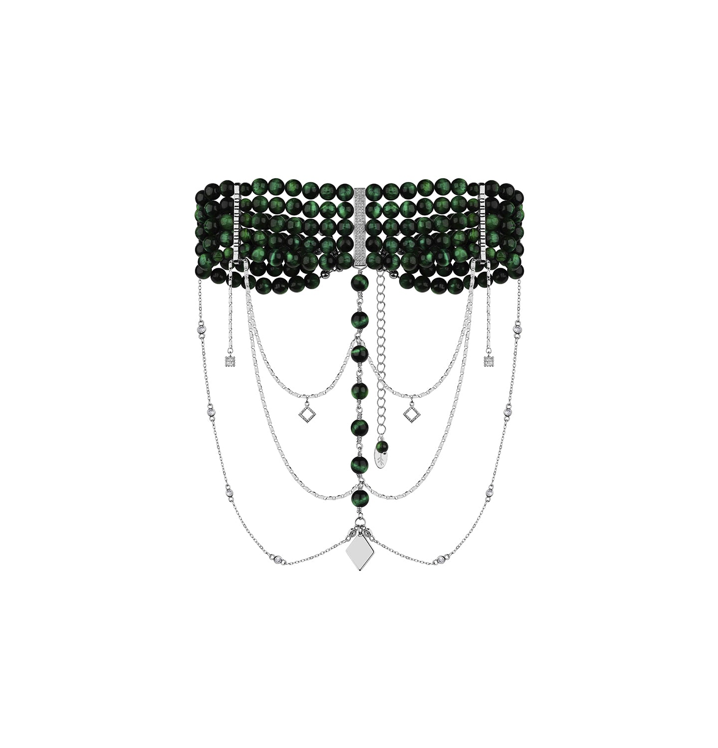 Necklace "INNOCENT CLASSIC", dark green with silver elements (Grains de Verre), CHMXC1