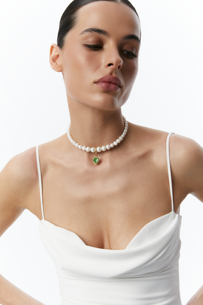 Pearl and Green Heart Choker Silver, (GrainsDeVerre), CHH5.1