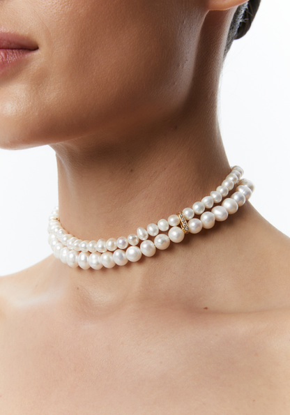 Natural pearl choker &quot;2 ROWS&quot; Gold (GrainsDeVerre) CH2P2